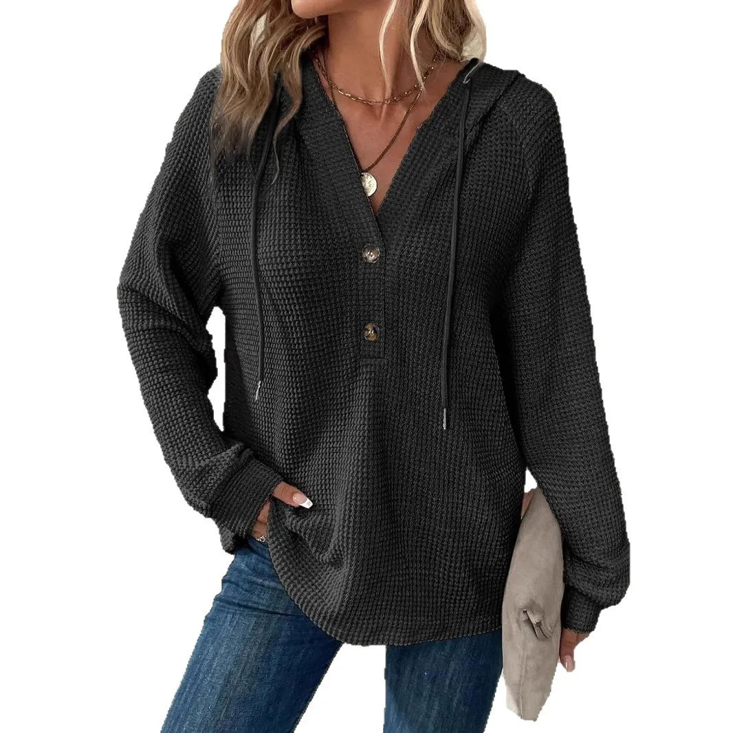 Waffle Knit Hooded Top, V-Neck Button Front Oversized Sweatshirt for Fall