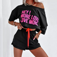 Pink Letter Print Oversized T-Shirt & Drawstring Shorts Set
