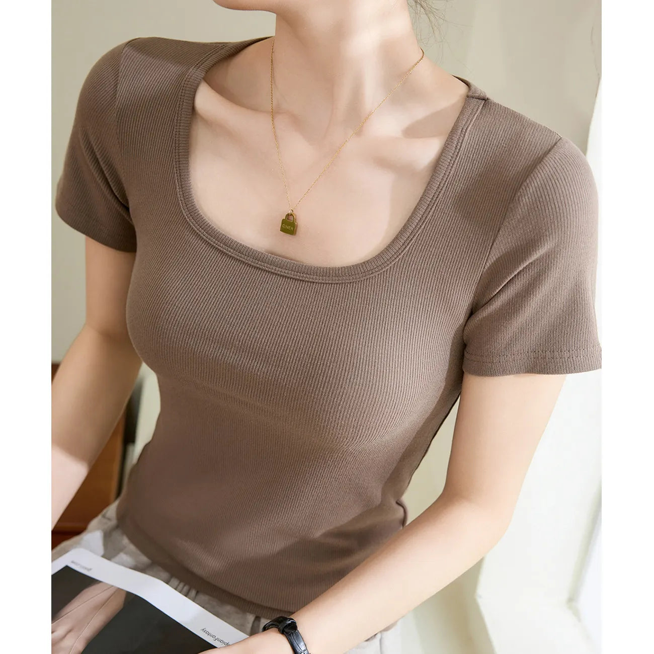 Square Neck Ribbed Short Sleeve T-Shirt,