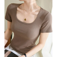 Square Neck Ribbed Short Sleeve T-Shirt,