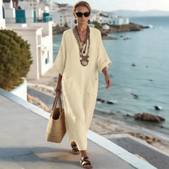 V Neck Seven-Quarter Sleeve Pocket Side Slit Loose Woven Maxi A-Line Dress