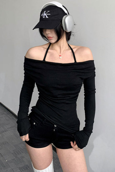 Off Shoulder Halter Long Sleeve Top Tee