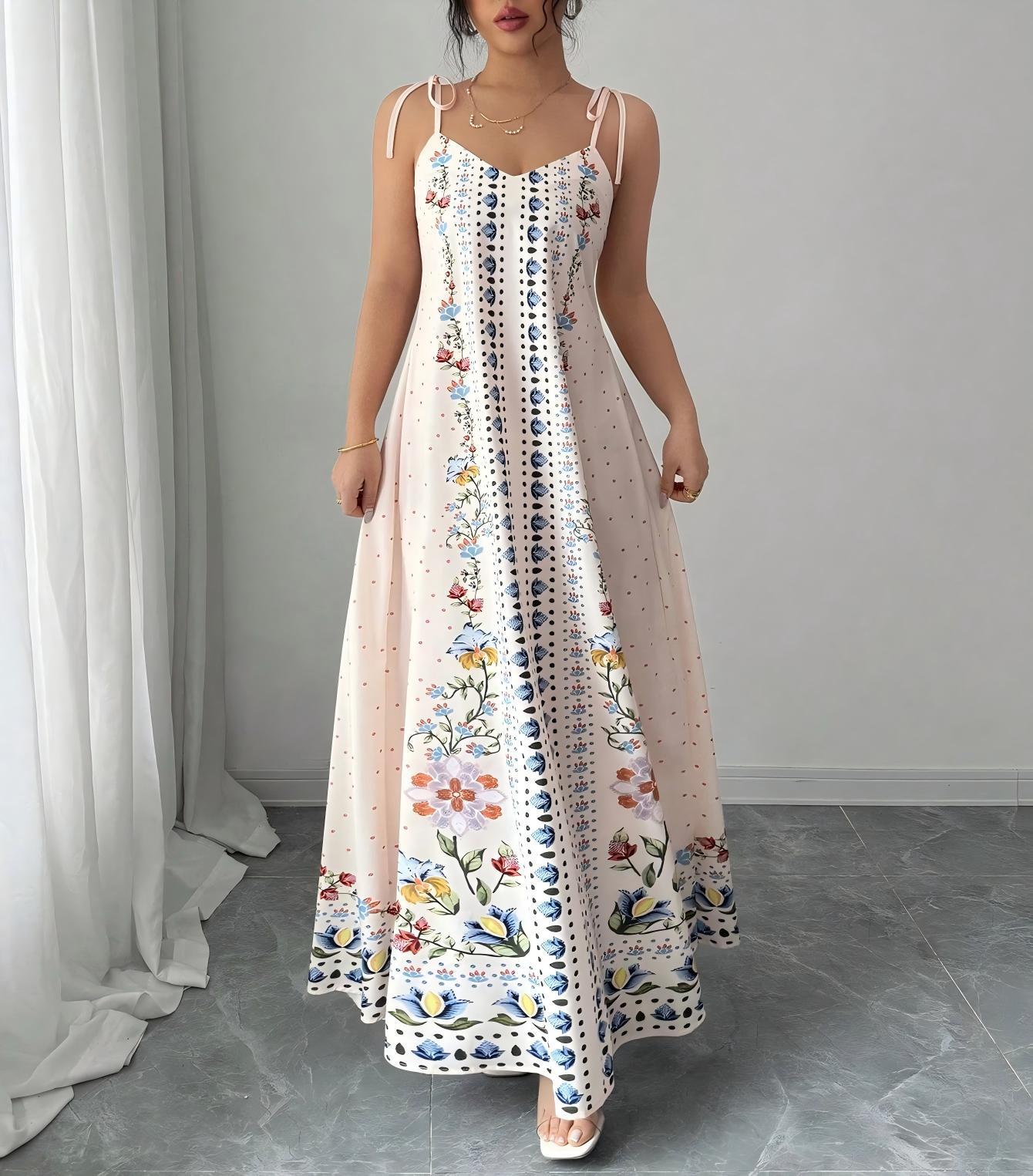 White Floral Print Tie Shoulder Maxi Dress