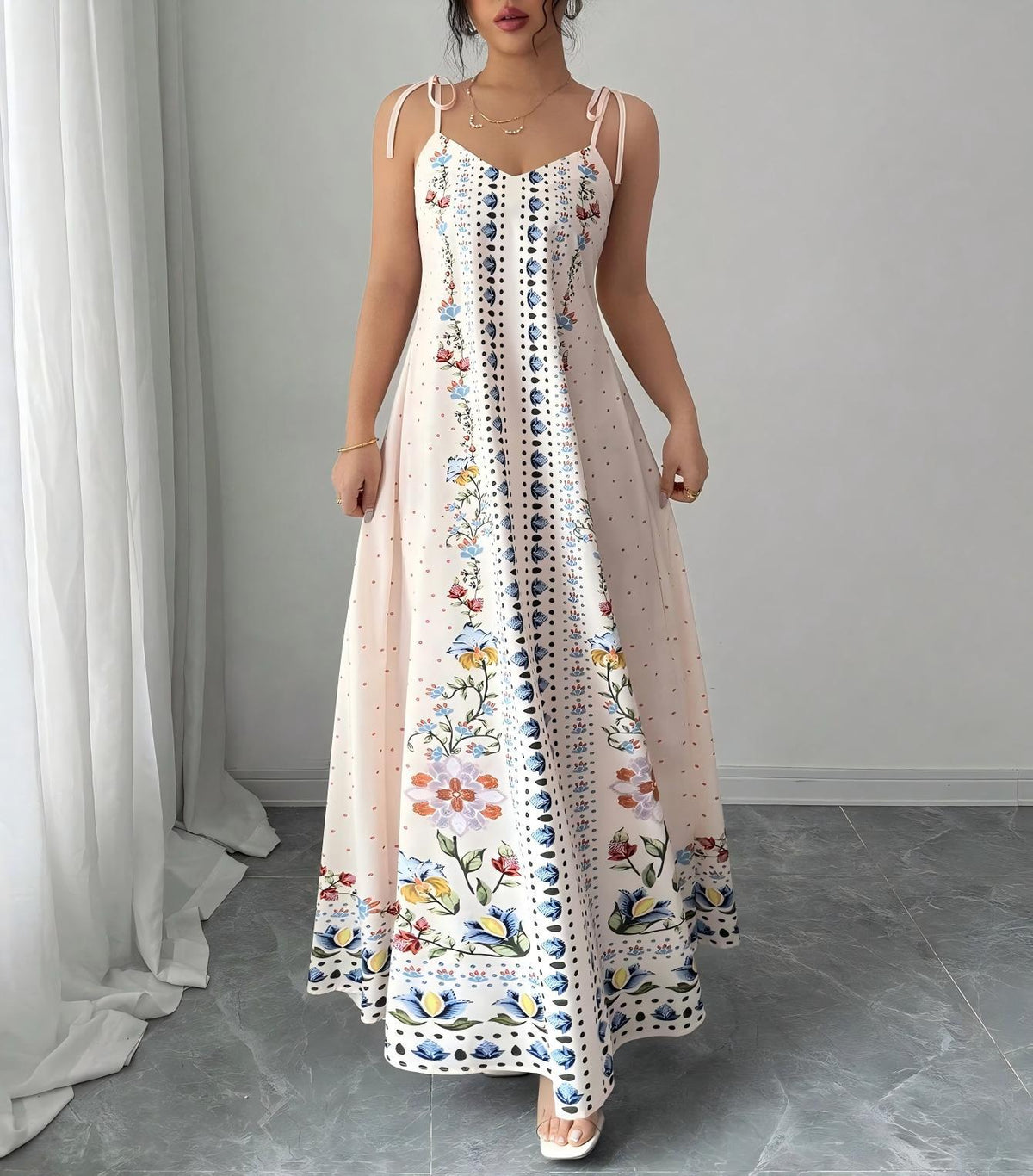 White Floral Print Tie Shoulder Maxi Dress