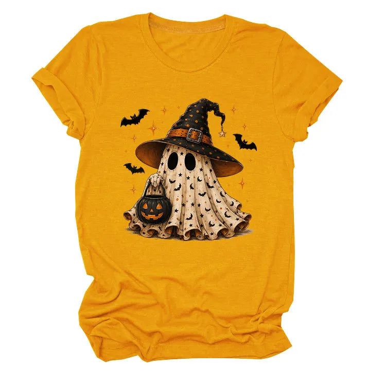 Halloween Ghost Witch Bat Print Crew Neck Short Sleeve T‑Shirt