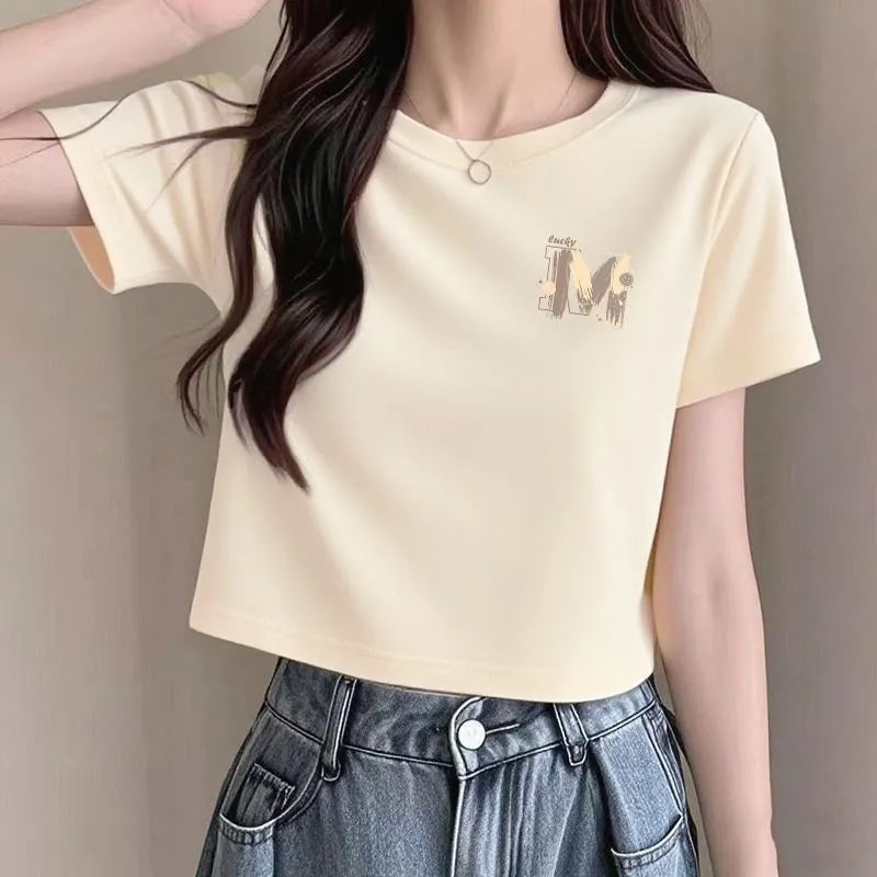 Crew Neck Letter M Print Slim Cropped Short Sleeve Cotton T-shirt