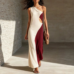 Black & Gray Color-Blocked Asymmetrical One-Shoulder Cutout Maxi Dress