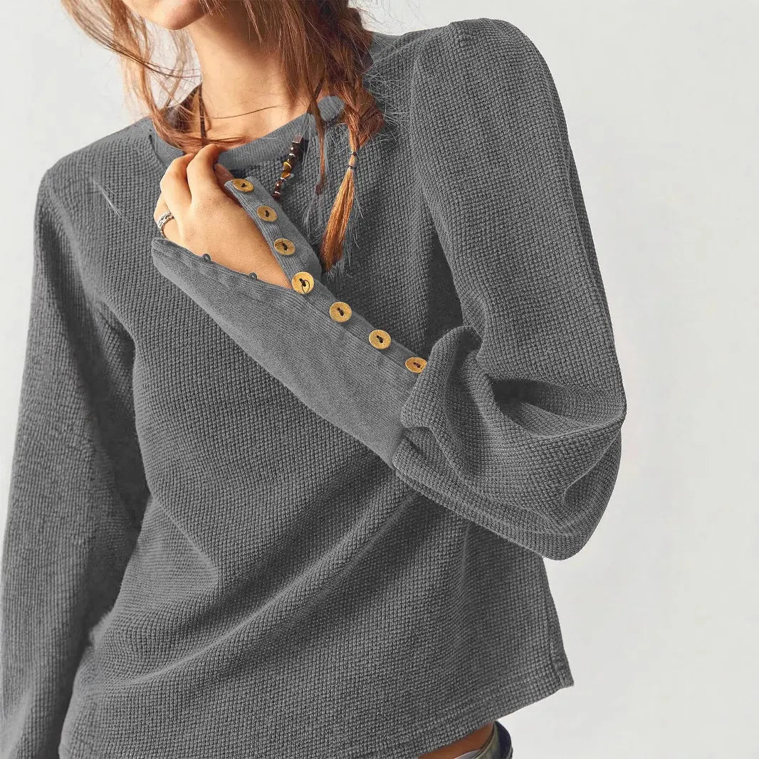 Waffle Knit Button Cuff Top