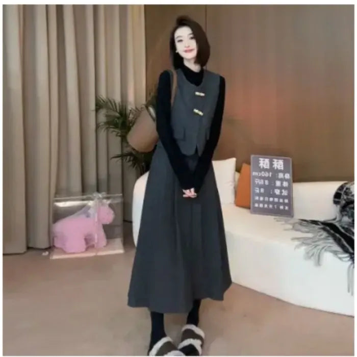 V-Neck Vest & Pleated Skirt Two-Piece Suit