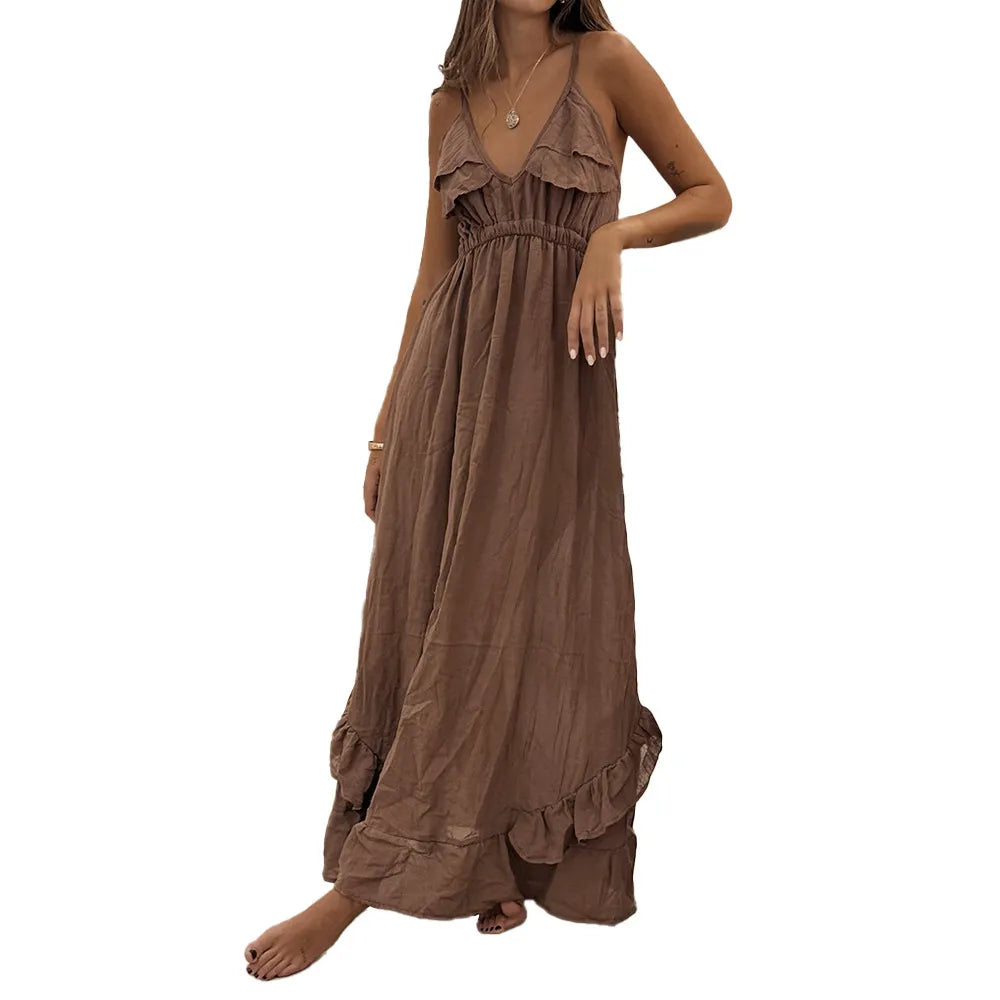 Brown Ruffle Deep V-Neck Spaghetti Strap Maxi Dress