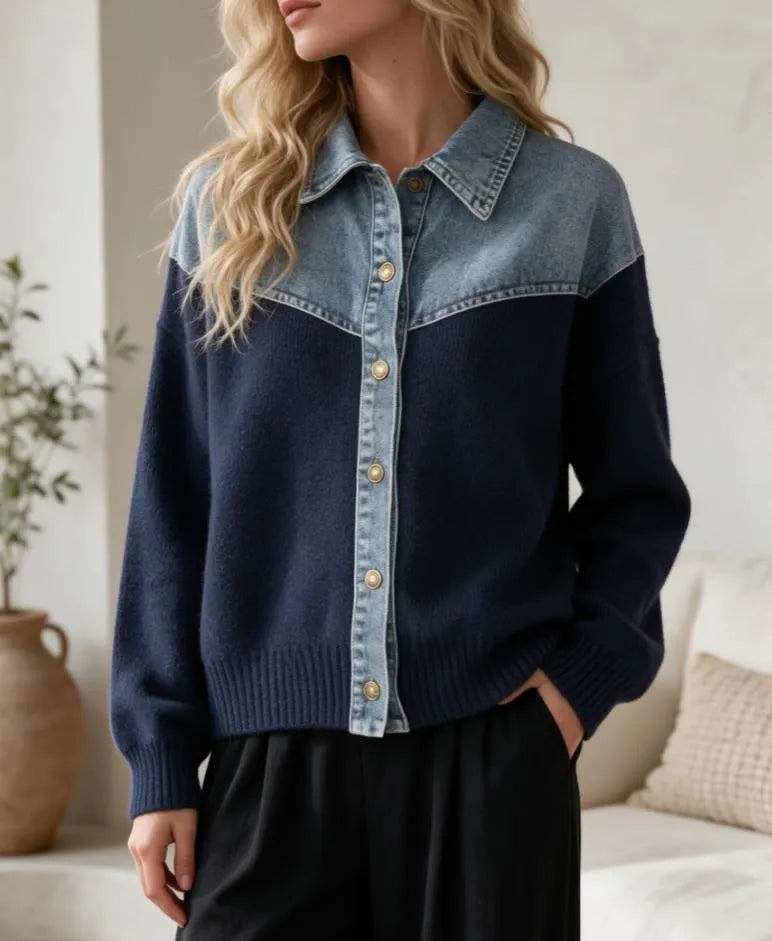Western Style Denim & Knit Patchwork Sweater, Long Sleeve Button Front Contrast Collar Knit Jacket