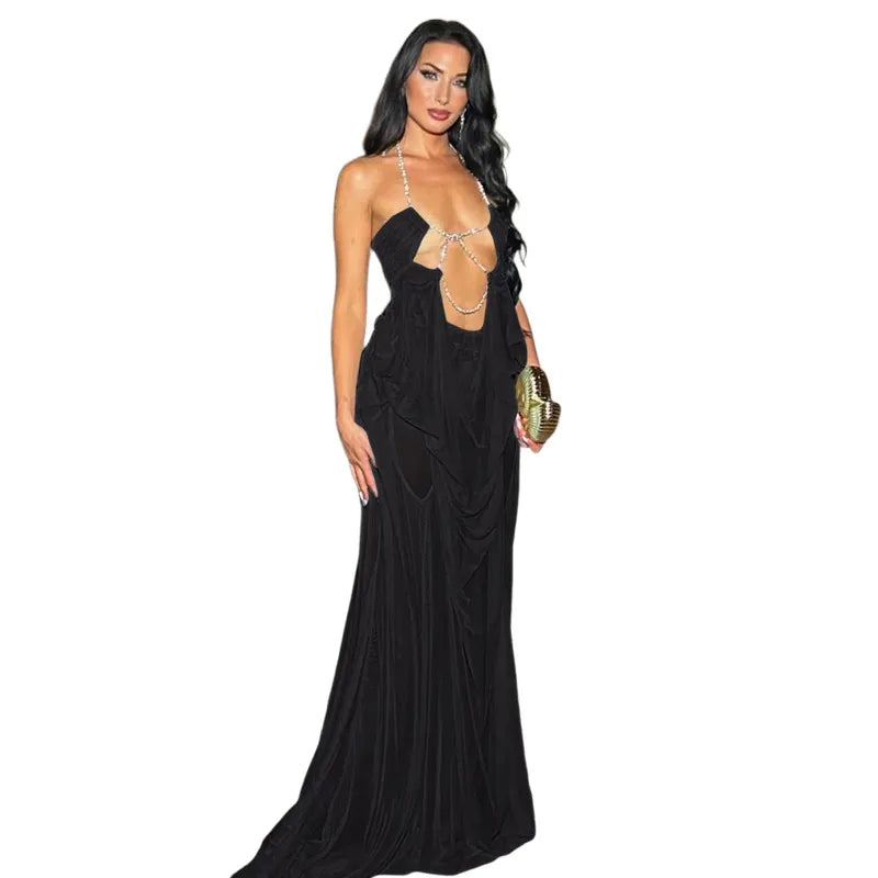 Rhinestone Chain Halter Maxi Dress