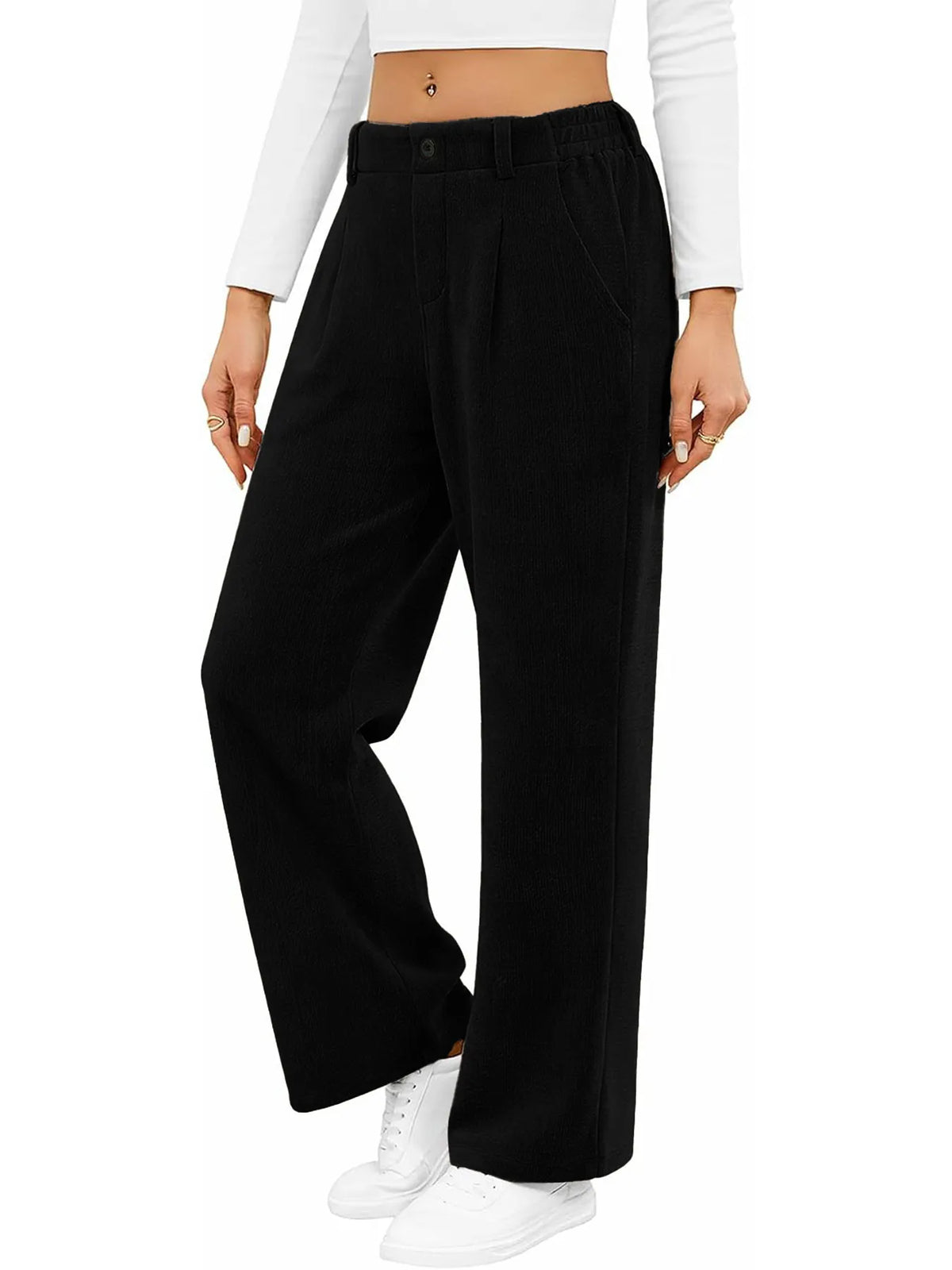 High Waist Elastic Back Straight Leg Casual Pants