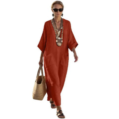 V Neck Seven-Quarter Sleeve Pocket Side Slit Loose Woven Maxi A-Line Dress