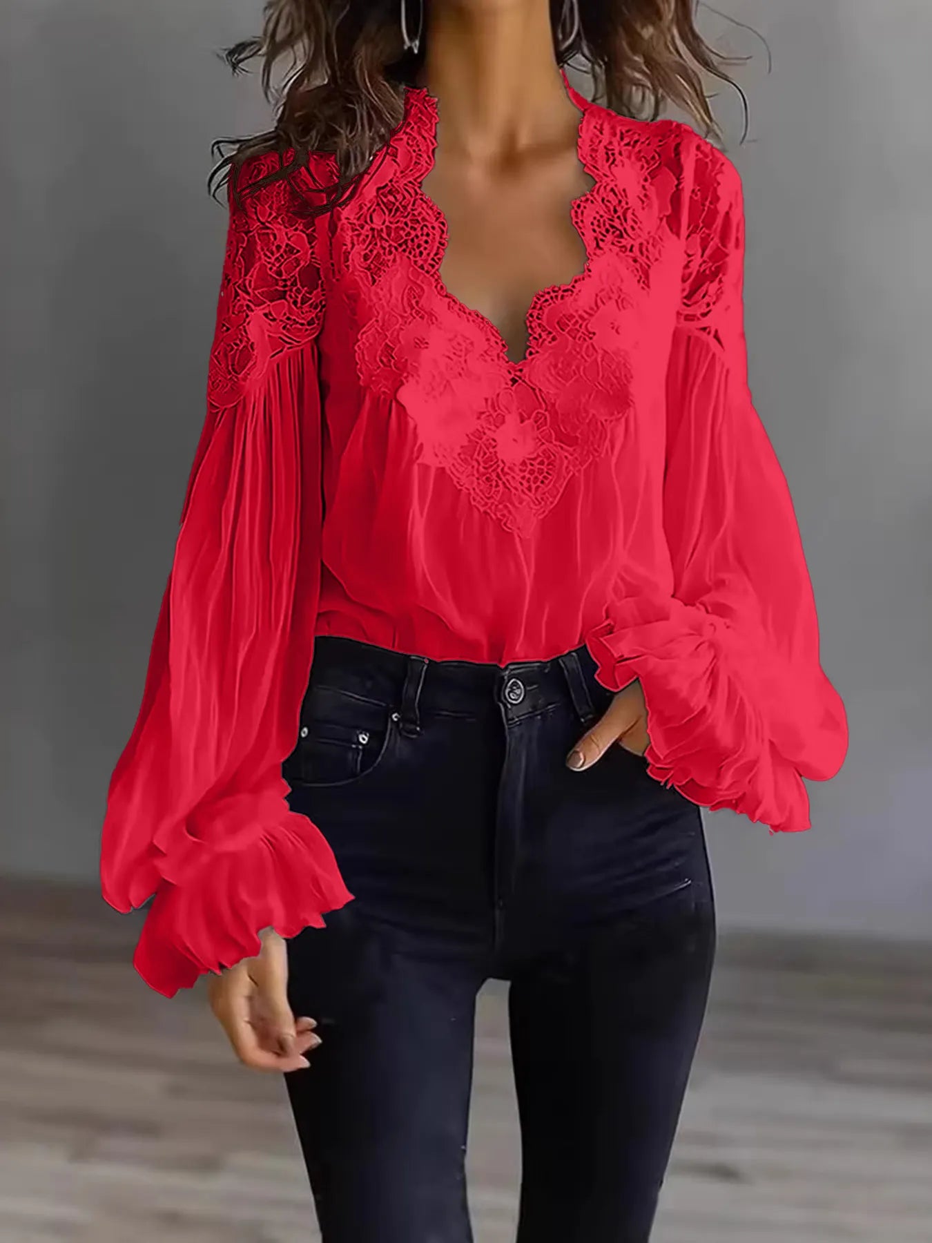 Lace Trim V-Neck Bubble Sleeve Blouse