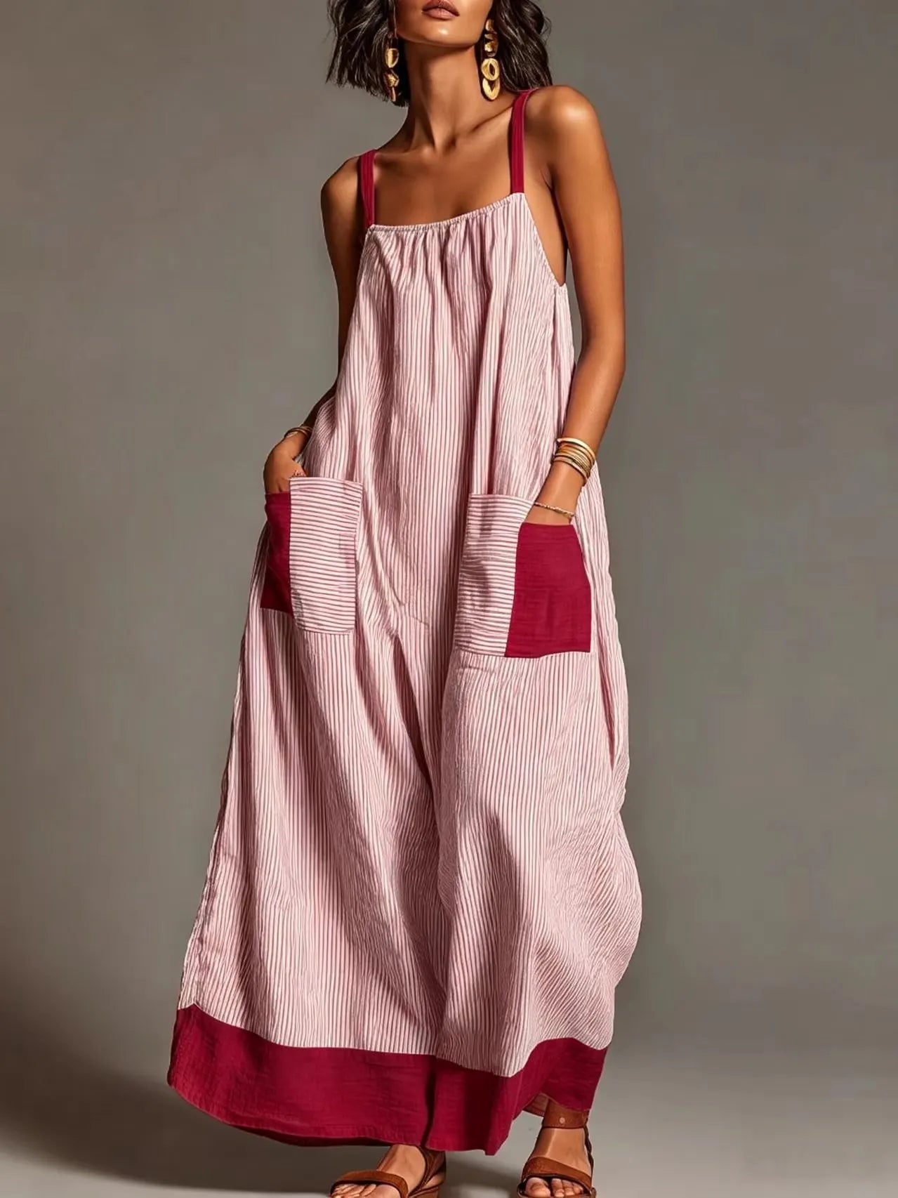 Stripe Color Block Pocket Sling Long Dress