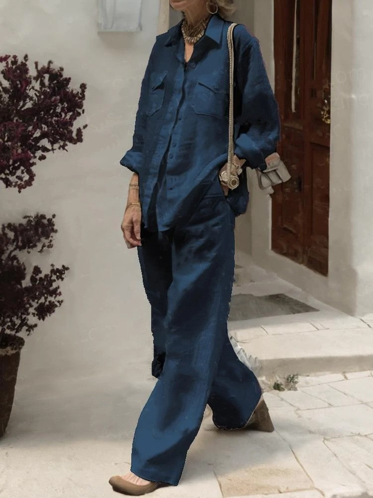 Linen Blend 2-Piece Outfit, Long Sleeve Button-Down Shirt and Wide Leg Pants Set