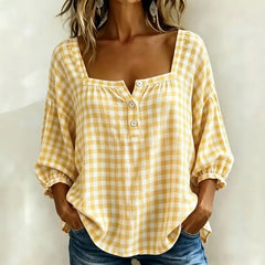 Plaid Square Neck Button Front Bubble 7/4 Sleeve Loose Casual Blouse