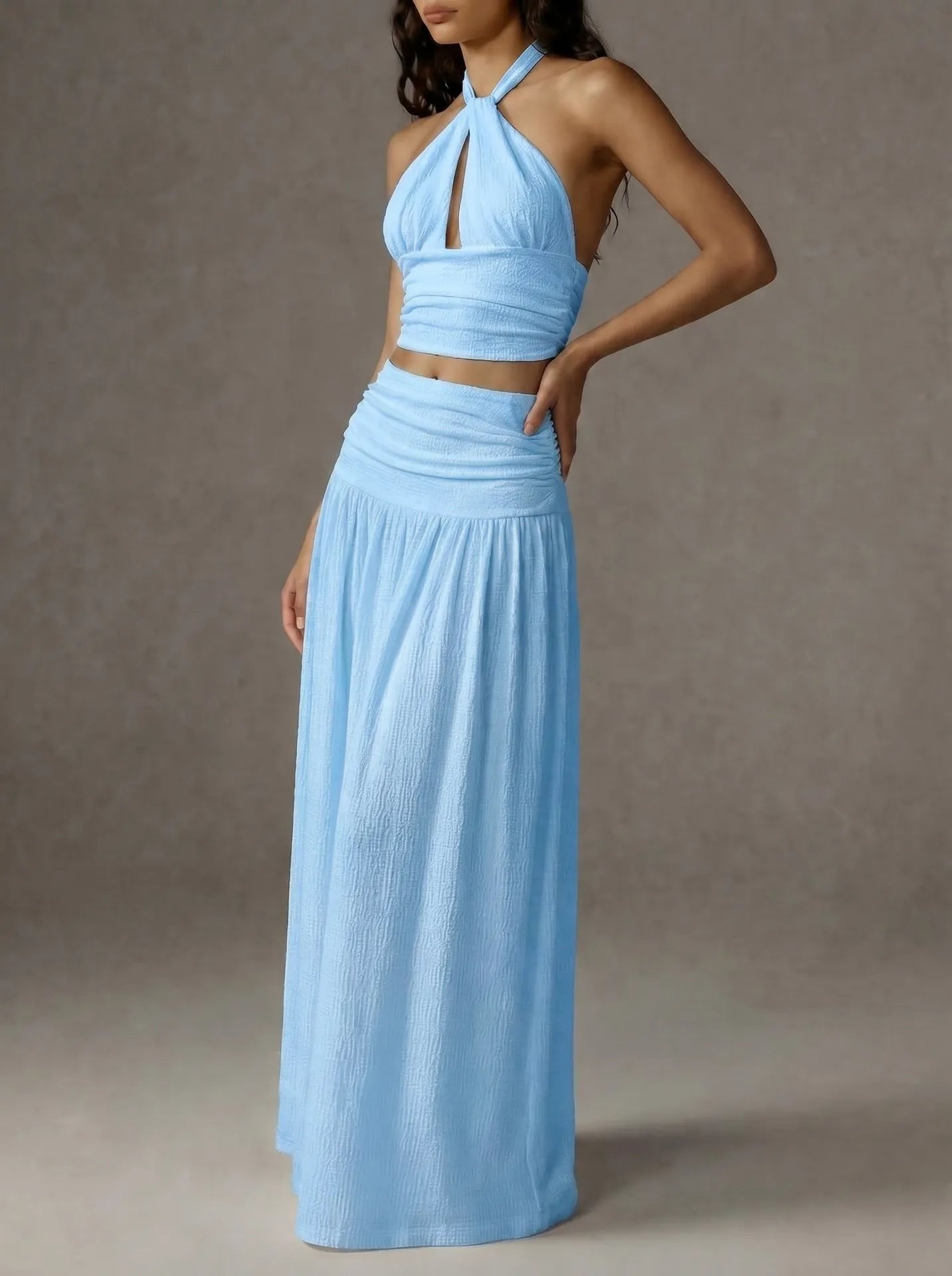 Halter Cutout Crop Top Maxi Skirt 2 Piece Outfit Textured Crinkle Matching Set