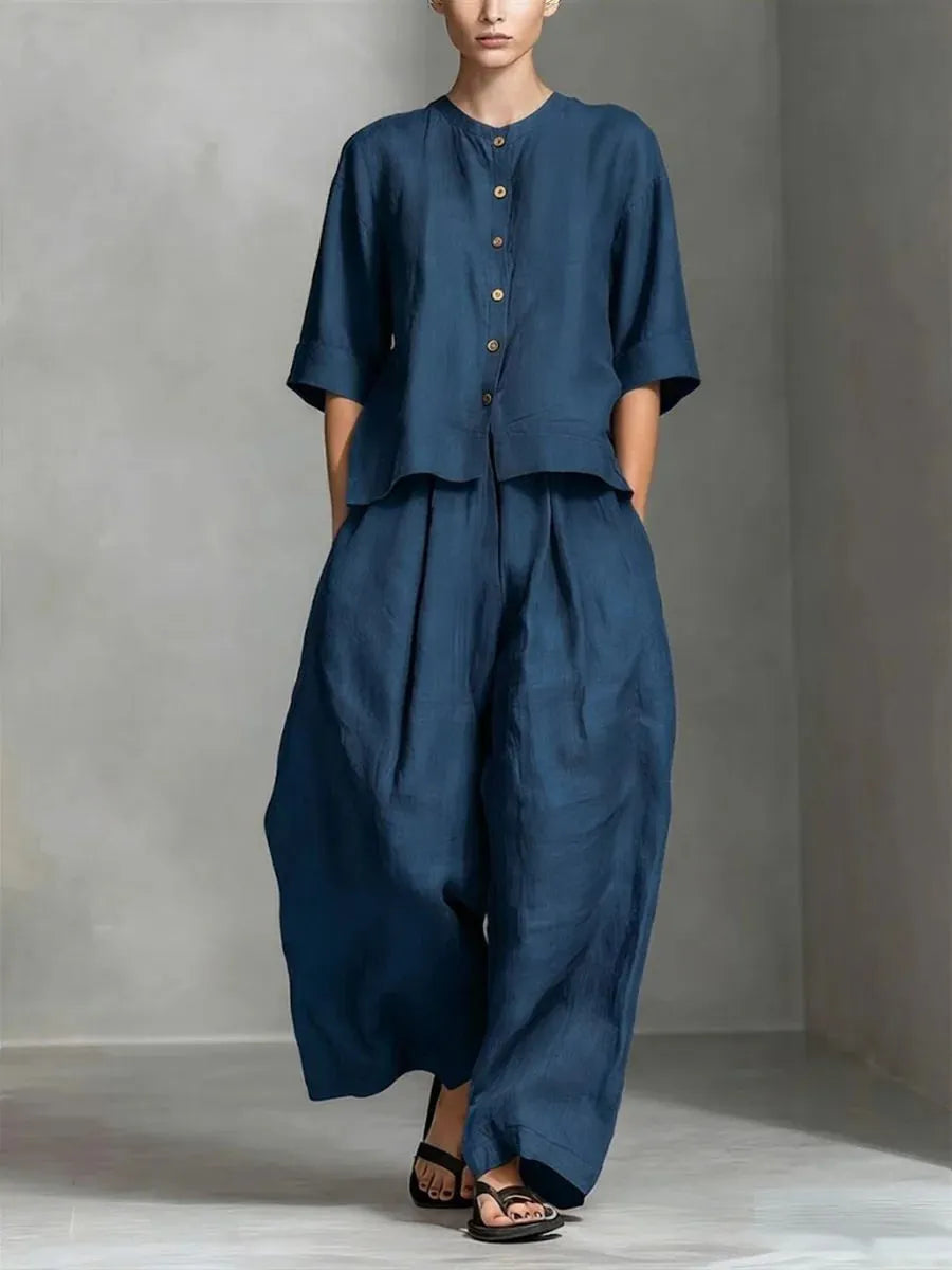 Linen Blend Two-Piece Set, Button-Down Top and Wide Leg Pants