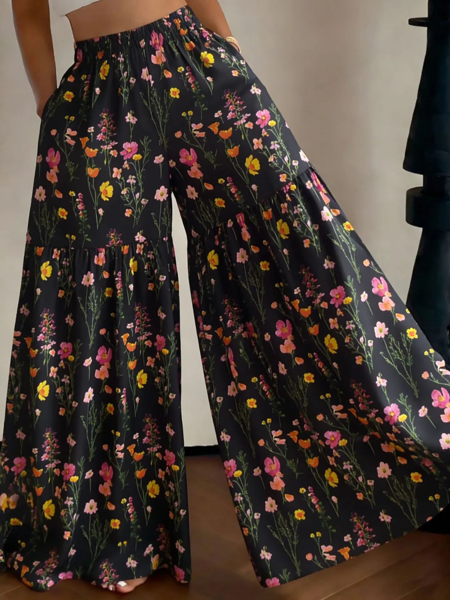 Elastic High Waist Floral Print Ruffle Wide Leg Palazzo Pants