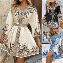 Blue Porcelain Print V-Neck Mini Dress - Batwing Sleeve Tie Waist Boho Dress