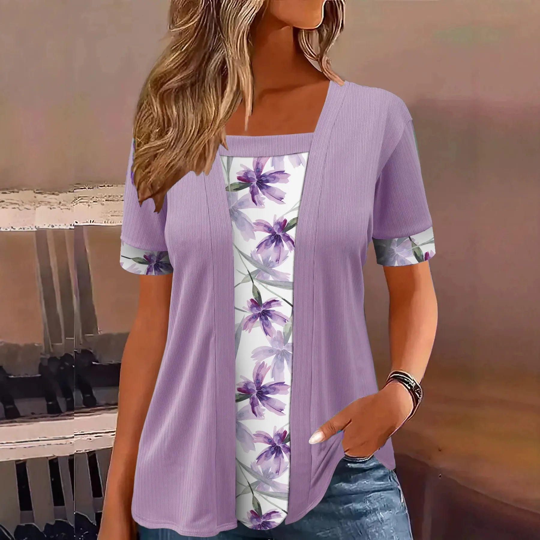 Square Neck Floral Print Fake Two-Piece Short Sleeve Loose Casual Top