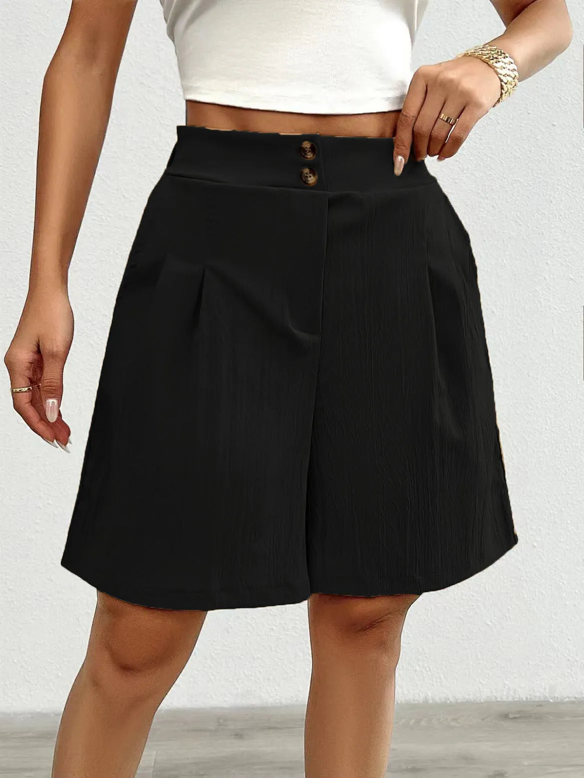 High Waist Double Button Pleated Casual Bermuda Shorts