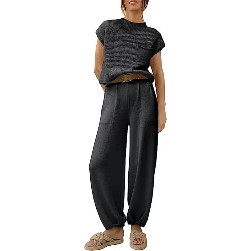 White Knit Short-Sleeve Top & Khaki High-Waisted Pants Two-Piece Set
