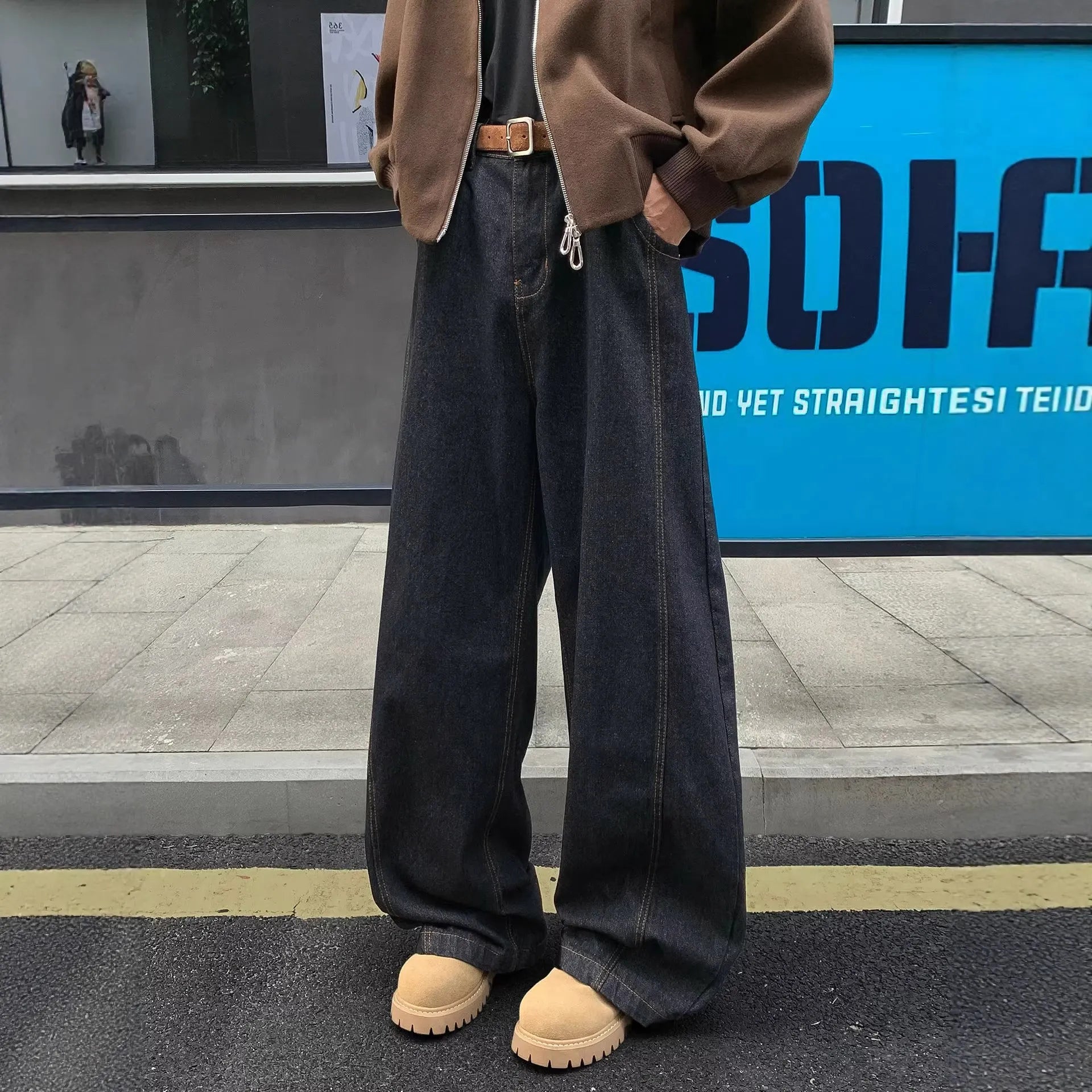 Men Mid Waist Vintage Washed Wide Leg Jeans