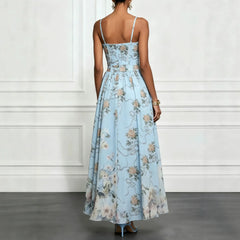 Floral Print Adjustable Spaghetti Strap Mid Waist Slim A-Line Maxi Dress