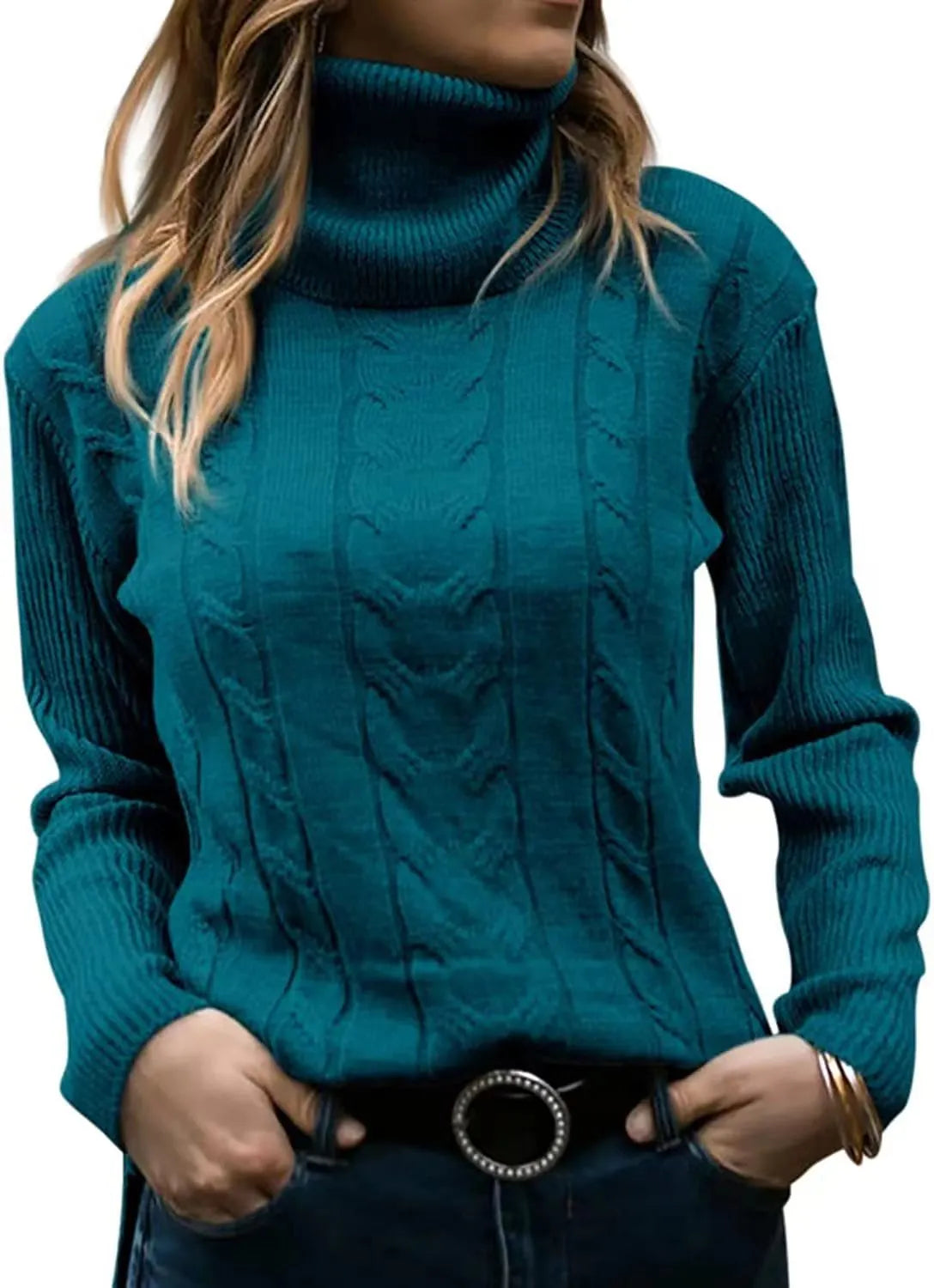 Thick Cable Knit Turtleneck Sweater, Classic Warm Long Sleeve Winter Jumper