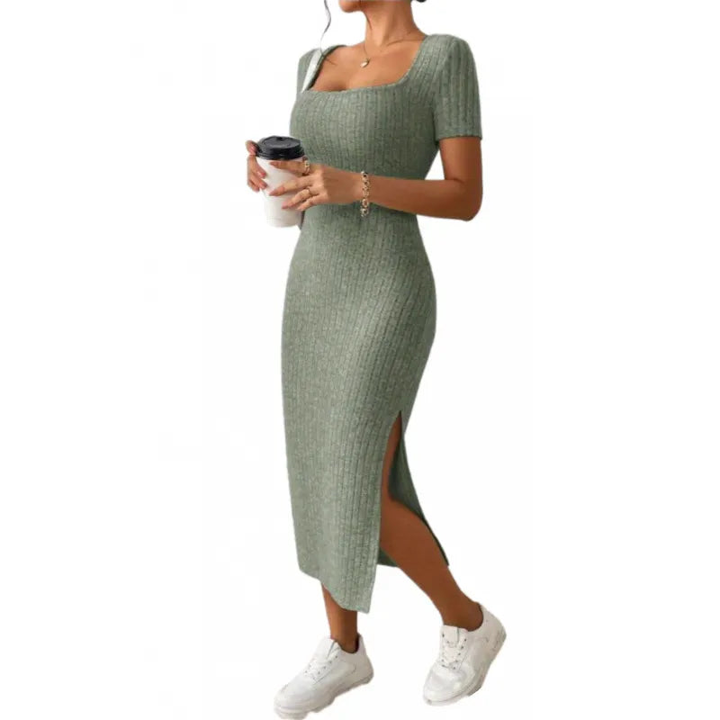 Square Neck Short Sleeve Ribbed Knit Bodycon Midi Dress with Side Slit