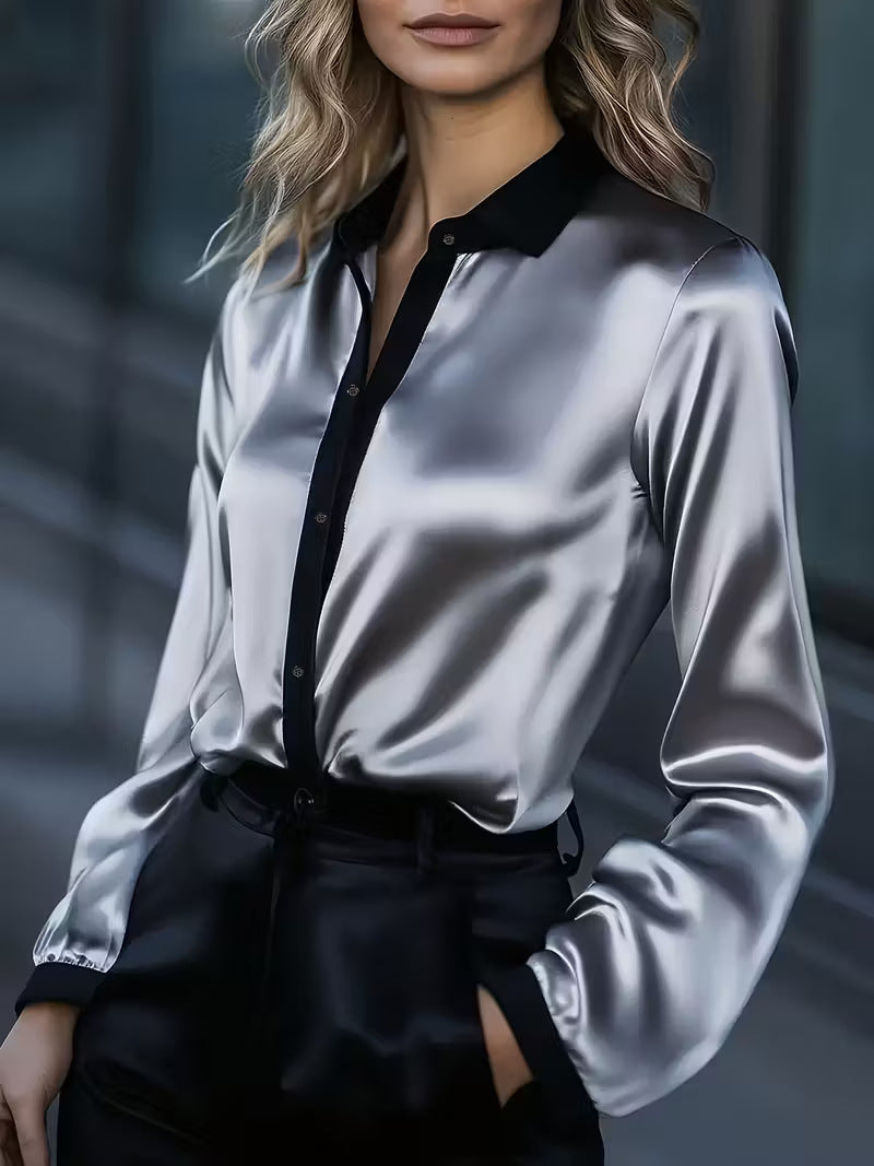 Contrast-Collar Satin Button-Down Shirt