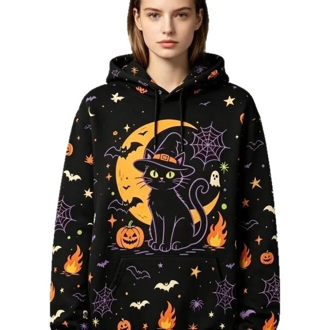 Halloween Black Cat Pumpkin Bat Moon Graphic Hoodie