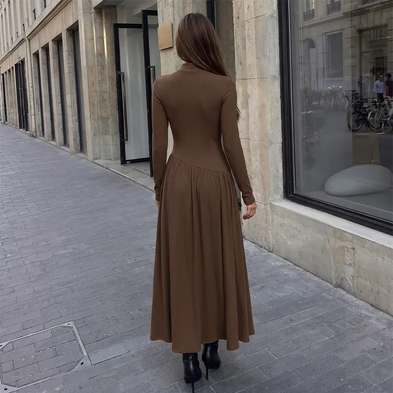 Brown Ribbed Mock Neck Long Sleeve Maxi Dress | Fitted Bodice Pleated Flowy Long Dress