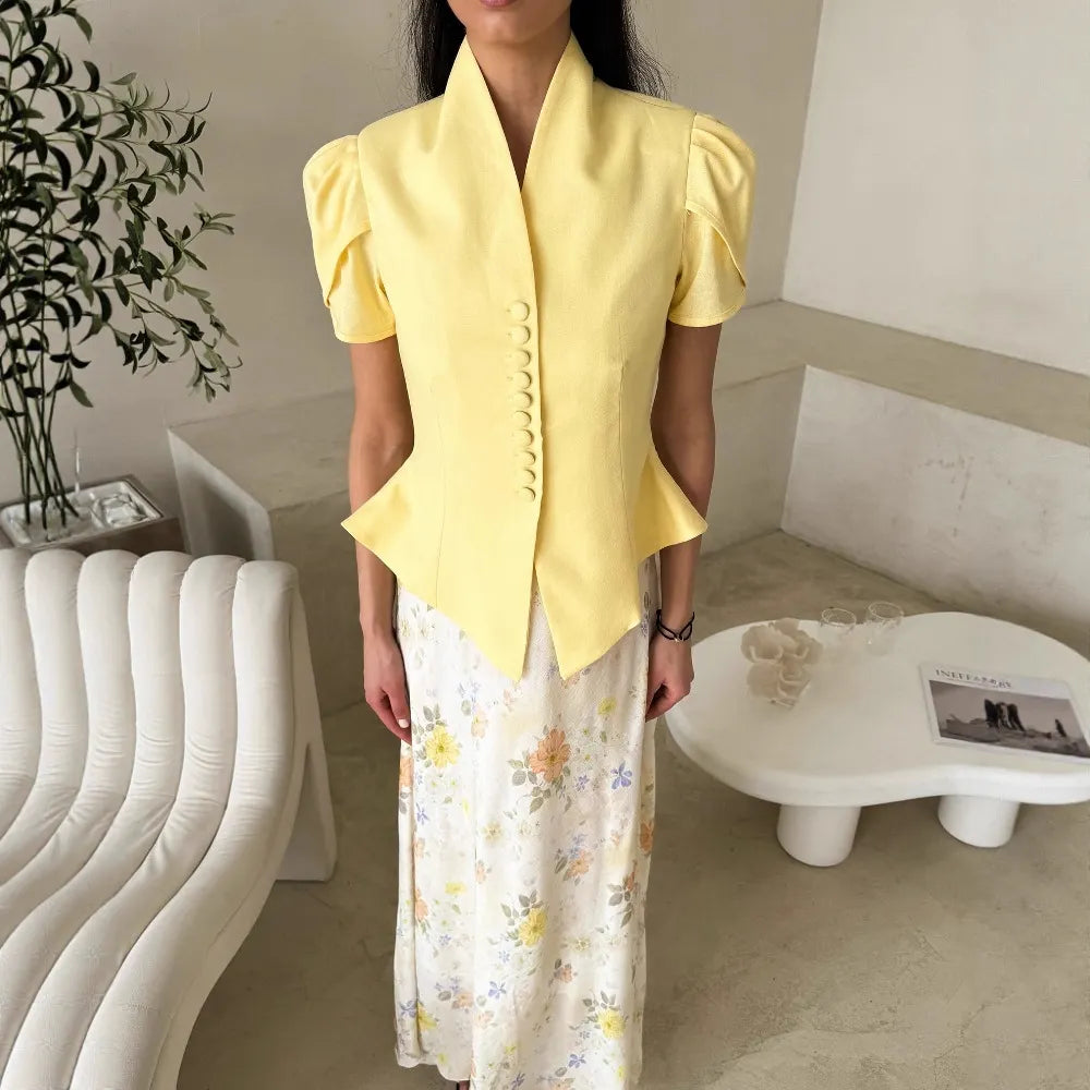 V-Neck Puff Sleeve Button Front Peplum Blouse