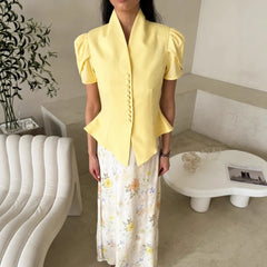 V-Neck Puff Sleeve Button Front Peplum Blouse