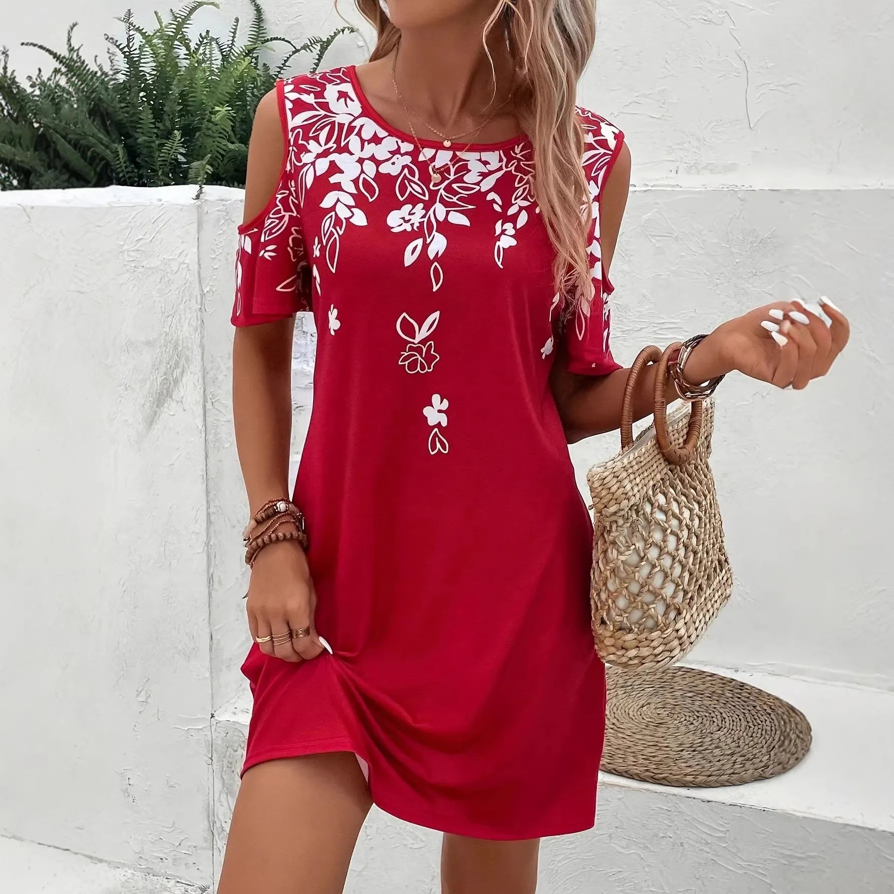 Navy Floral Print Cold Shoulder Shift Dress