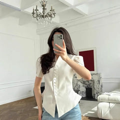 V-Neck Puff Sleeve Button Front Peplum Blouse