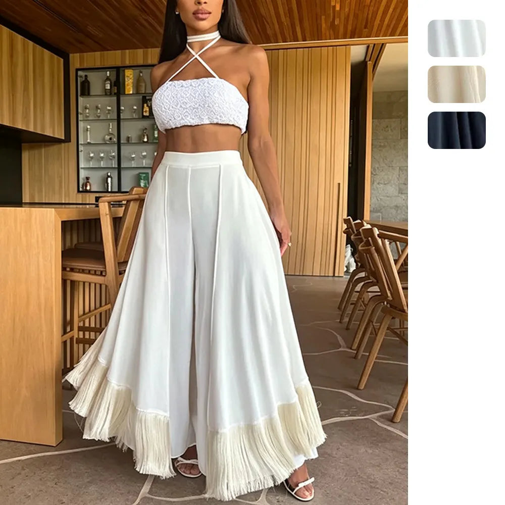 Boho High Waist Tassel Hem Flowy Wide Leg Palazzo Pants