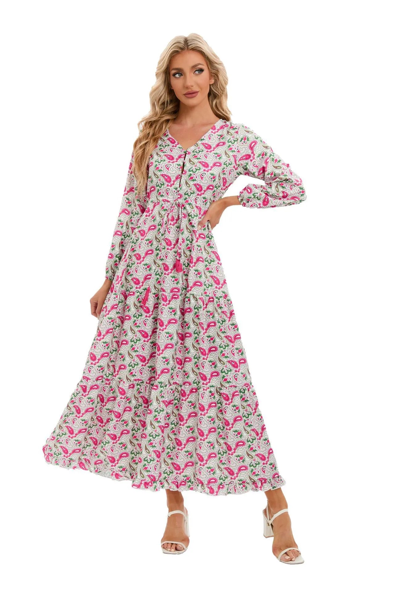 Paisley Print V-Neck Long Sleeve Drawstring Waist Maxi Dress