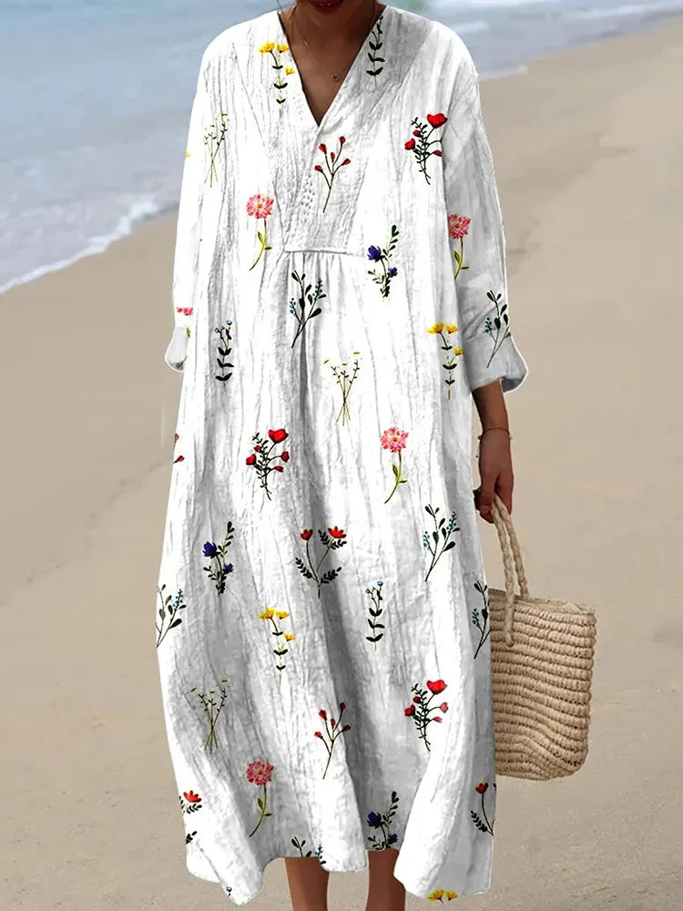 V‑Neck Floral Bird Print Mori Style Long Dress