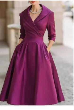 Lapel Collar Ruched Wrap Front 3/4 Sleeve A Line Midi Cocktail Dress