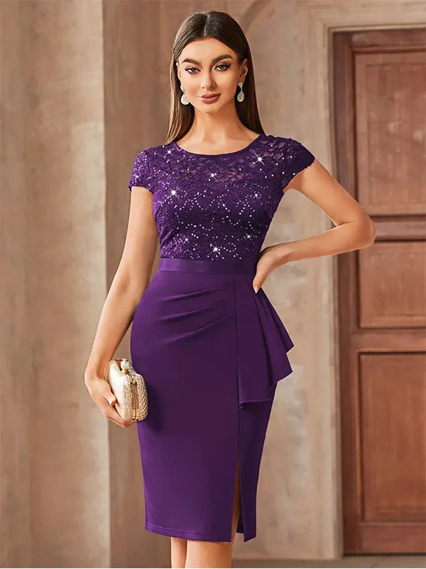 Burgundy Lace & Sequin Bodycon Evening Dress