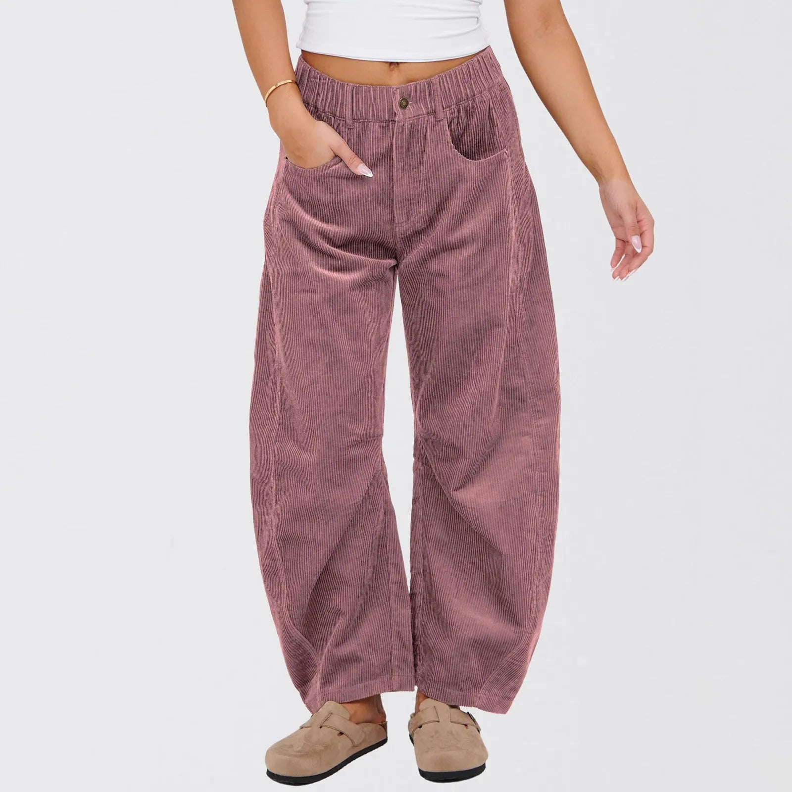 Corduroy Elastic High Waist Barrel Wide Leg Pants
