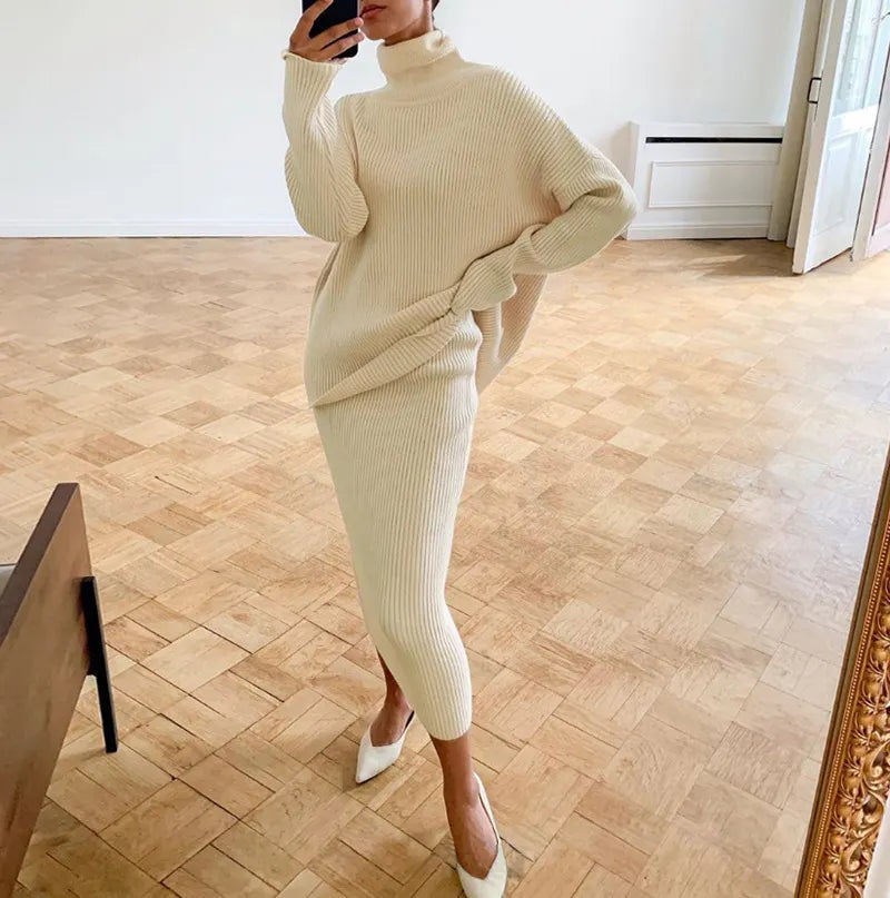 Brown Ribbed Knit Turtleneck & Midi Skirt Set