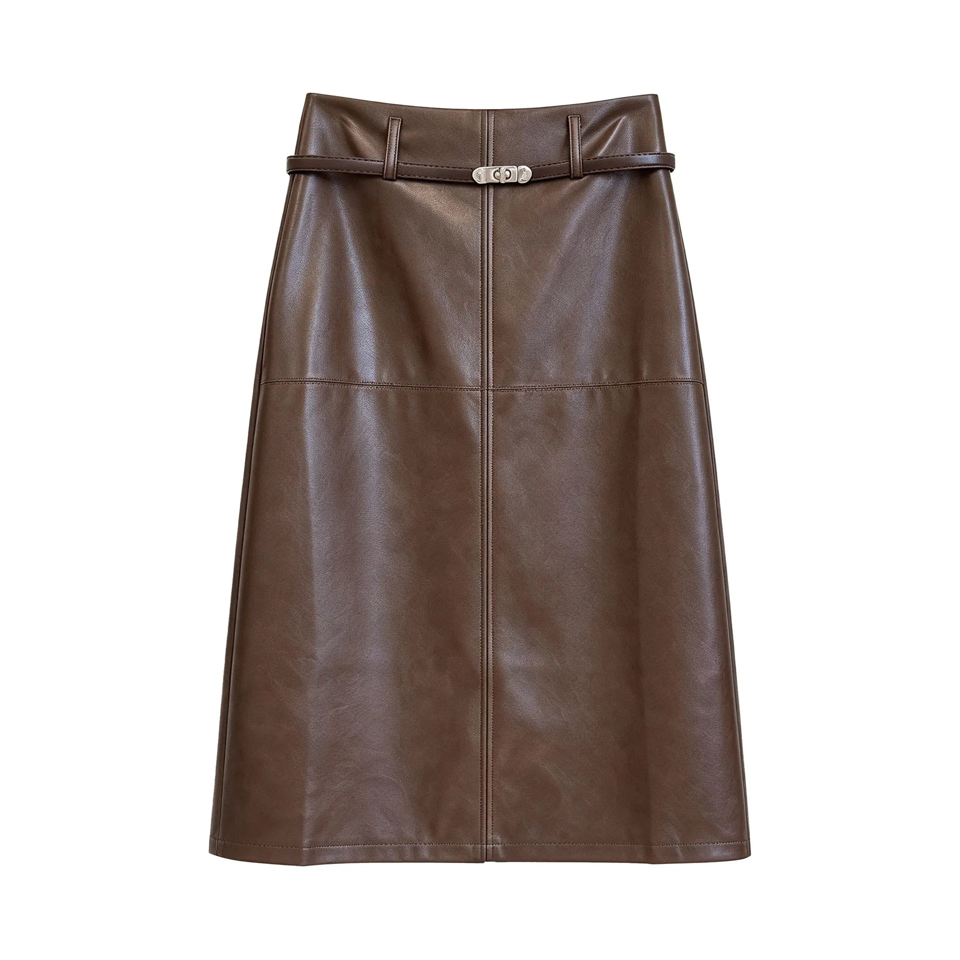 Belted Faux Leather Midi Skirt, High Waist A-Line Split Hem PU Skirt in Brown & Black
