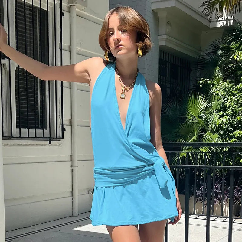 Backless Deep V-Neck Halter Tie Side Mini Dress