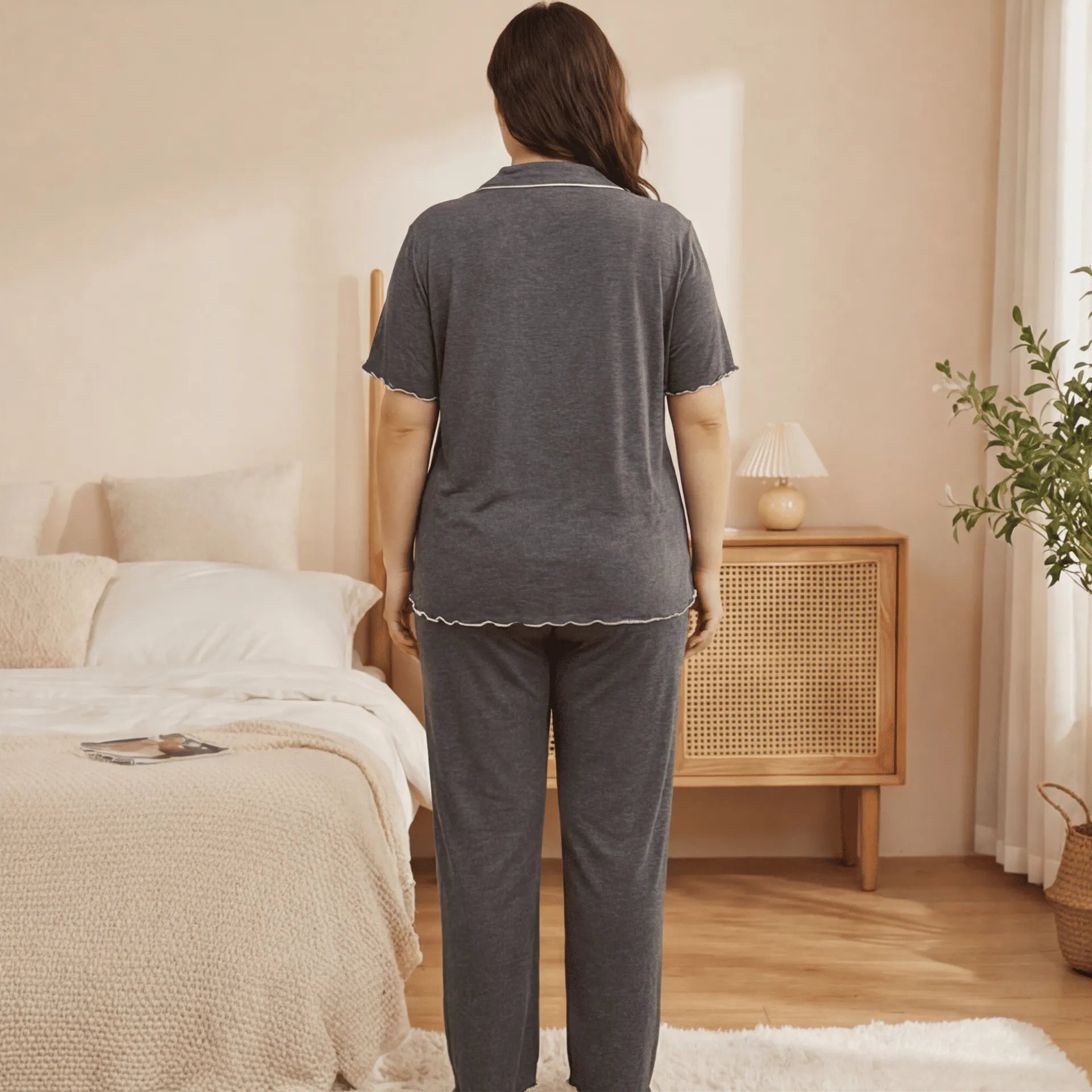 Wavy Lettuce Trim Short Sleeve Top & Long Pants Loungewear